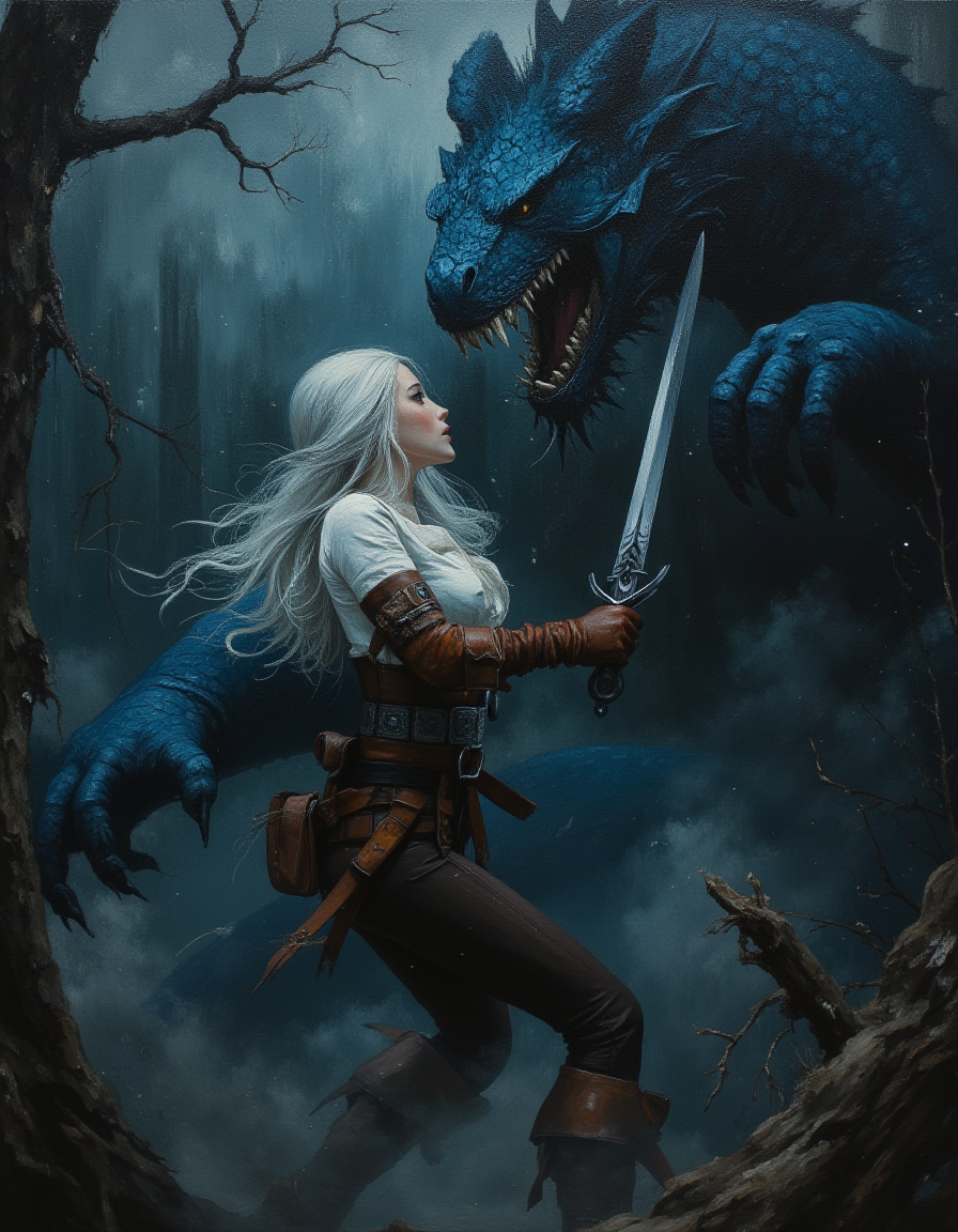 CiriW, a dynamic scene set in a dark, mystical forest. masterpiece, high quality, Oil Painting, Hyper-realistic, hyper-detailed painting of a young woman with long, flowing white hair, wearing a fitted, medieval-style outfit consisting of a white blouse, brown leather gloves, and a belt with pouches. She is jumping out of the darkness, swing her longsword in both hands at a horrific dragon that is attacking her.  The dragon has bright blue scales and long sharp teeth. Focus on the girl, shadow and light, Masterpiece, intricate lines, intriguing atmosphere, sharp magnificent details, delicate features, elaborate details, (2\3 rule composition:0.5), ultra detailed, romantic, Rembrandt lighting, brush stroke, lovely, novuschroma, in the style of Rembrandt. vantablack <lora:style_of_Rembrandt_FLUX_135:.6> <lora:- Flux1 - vanta_black_V2.0:.3> <lora:neeeg_f1:-1> <lora:113_novuschromaFLX_1:.4> <lora:Midjourney_Whisper_Minimal:.3> 
 <lora:FluxCiriWV1:1>