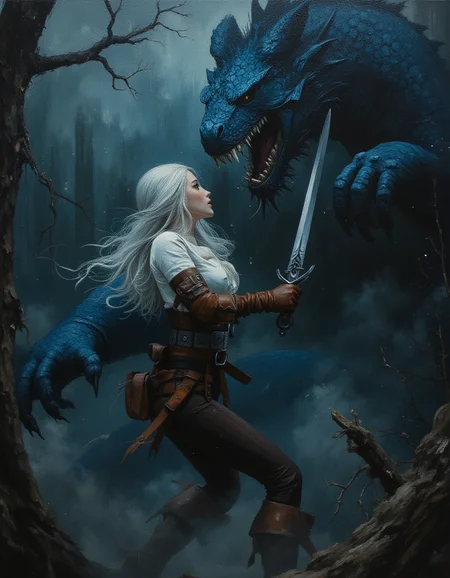 CiriW, a dynamic scene set in a dark, mystical forest. masterpiece, high quality, Oil Painting, Hyper-realistic, hyper-detailed painting of a young woman with long, flowing white hair, wearing a fitted, medieval-style outfit consisting of a white blouse, brown leather gloves, and a belt with pouches. She is jumping out of the darkness, swing her longsword in both hands at a horrific dragon that is attacking her. The dragon has bright blue scales and long sharp teeth. Focus on the girl, shadow and light, Masterpiece, intricate lines, intriguing atmosphere, sharp magnificent details, delicate features, elaborate details, (2\3 rule composition:0.5), ultra detailed, romantic, Rembrandt lighting, brush stroke, lovely, novuschroma, in the style of Rembrandt. vantablack <lora:style_of_Rembrandt_FLUX_135:.6> <lora:- Flux1 - vanta_black_V2.0:.3> <lora:neeeg_f1:-1> <lora:113_novuschromaFLX_1:.4> <lora:Midjourney_Whisper_Minimal:.3>
<lora:FluxCiriWV1:1>