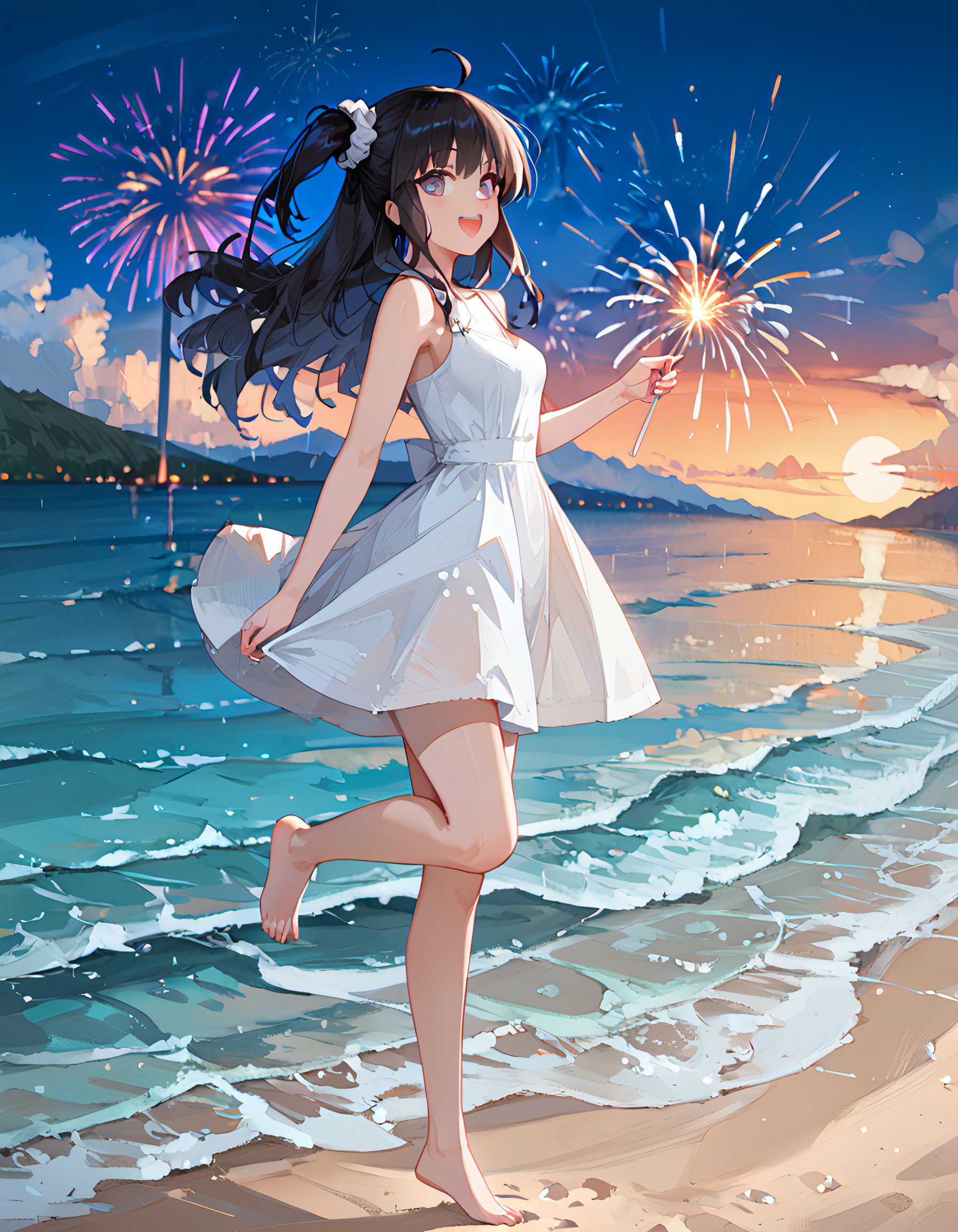 score_9_up, score_9, score_8_up, score_7_up, rating_explicit, perfect quality,high quality,masterpiece,best quality,amazing quality,very aesthetic,Cinematic Lighting,newest,Tactical use of shadow,
1girl,solo,long hair,black hair,hair between eyes,ahoge,purple eyes,AyanoKimishima Cyql,
sparkler, outdoors, fireworks, barefoot, dress, scenery, sky, smile, night, white dress, ocean, open mouth, standing, beach, cloud, holding fireworks, looking at viewer, water, standing on one leg, horizon, one side up, from side, :d, blush, night sky, sleeveless dress, city lights, multicololens flare, sleeveless, blurry, bokeh, sundress, shore, holding, bare shoulders, full body, bare arms, depth of field, sunset, scrunchie, breasts, mountainous horizon, mountain, cloudy sky,  waves, blurry background,  star (sky), blue sky, sand,  leg up, sun, looking to the side, lights, reflection, walking, moon, bare legs, floating hair,
<lora:ponyv4_noob1_2_adamW-000017:0.7>,<lora:spo_sdxl_10ep_4k-data_lora_webui:0.6>,<lora:USNR STYLE_XL_lokr:0.45>,<lora:illustrious_all_rated_v1:0.7>,<lora:96YOTTEA-WAI:0.8>,<lora:Ayano Kimishima_Illustrious by Cyql:1>,