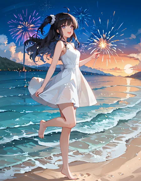 score_9_up, score_9, score_8_up, score_7_up, rating_explicit, perfect quality,high quality,masterpiece,best quality,amazing quality,very aesthetic,Cinematic Lighting,newest,Tactical use of shadow,
1girl,solo,long hair,black hair,hair between eyes,ahoge,purple eyes,AyanoKimishima Cyql,
sparkler, outdoors, fireworks, barefoot, dress, scenery, sky, smile, night, white dress, ocean, open mouth, standing, beach, cloud, holding fireworks, looking at viewer, water, standing on one leg, horizon, one side up, from side, :d, blush, night sky, sleeveless dress, city lights, multicololens flare, sleeveless, blurry, bokeh, sundress, shore, holding, bare shoulders, full body, bare arms, depth of field, sunset, scrunchie, breasts, mountainous horizon, mountain, cloudy sky,  waves, blurry background,  star (sky), blue sky, sand,  leg up, sun, looking to the side, lights, reflection, walking, moon, bare legs, floating hair,
<lora:ponyv4_noob1_2_adamW-000017:0.7>,<lora:spo_sdxl_10ep_4k-data_lora_webui:0.6>,<lora:USNR STYLE_XL_lokr:0.45>,<lora:illustrious_all_rated_v1:0.7>,<lora:96YOTTEA-WAI:0.8>,<lora:Ayano Kimishima_Illustrious by Cyql:1>,