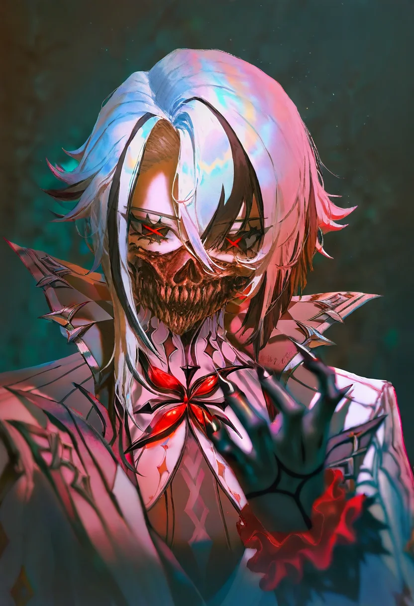 masterpiece, best quality,artist:john_kafka,artist:nixeu,artist:quasarcake, chromatic aberration, film grain, horror \(theme\), limited palette, x-shaped pupils, high contrast, color contrast, cold colors, arlecchino \(genshin impact\), black theme, gritty, graphite \(medium\), black hands