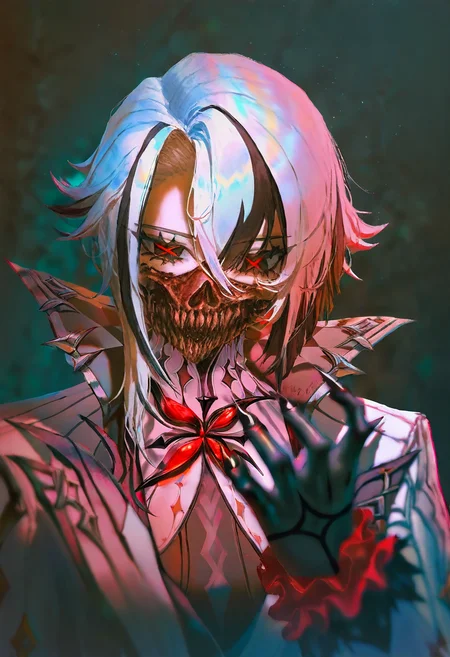 masterpiece, best quality,artist:john_kafka,artist:nixeu,artist:quasarcake, chromatic aberration, film grain, horror \(theme\), limited palette, x-shaped pupils, high contrast, color contrast, cold colors, arlecchino \(genshin impact\), black theme,  gritty, graphite \(medium\), black hands