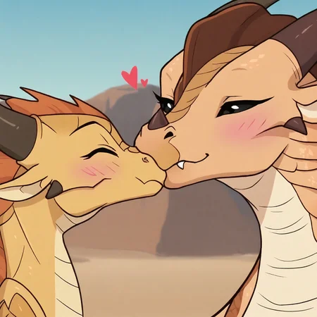 score_9, score_8_up, score_7_up, score_6_up, score_5_up, cartoon, anime screencap, anime coloring,, DerpixonXL,,  2girls, female, portrait, face focus, western dragon, 2 dragons, kissing, kiss, cute, quadruped, desert, , Sandwing, duo, heart, love, cute fang,  yellow scales, dragon, scales, horns, black eyes, obsidian black eyes, wings, 