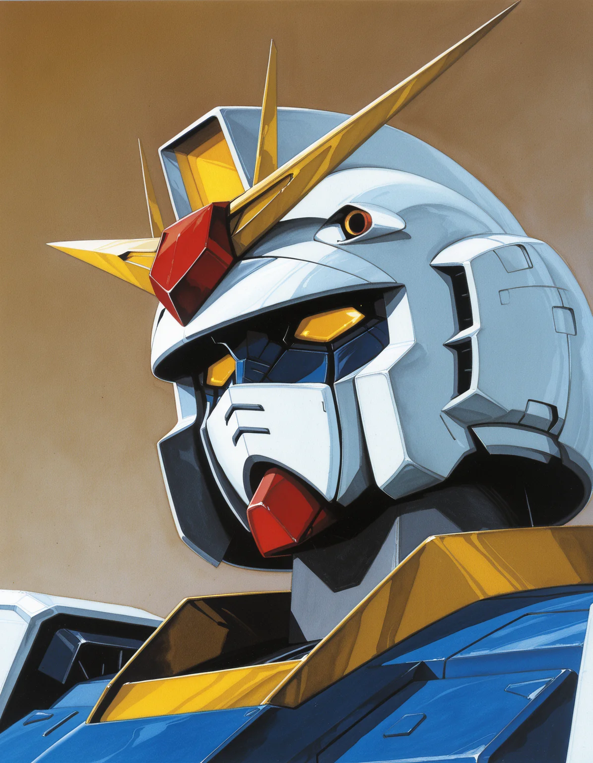 (retro artstyle, 1980s \(style\), traditional media:0.6), painting \(medium\), masterpiece, rx-78-2 gundam,close-up,highres,no humans,robot,gundam,simple background,science fiction,portrait,mobile suit,yellow eyes, solid eyes, mobile suit gundam,v-fin,kobakin,mecha, gradient background, 
<lora:Kitazume Hiroyuki 1980 1990 Lycoris Illustrious 0.1-step00000650:0.7>