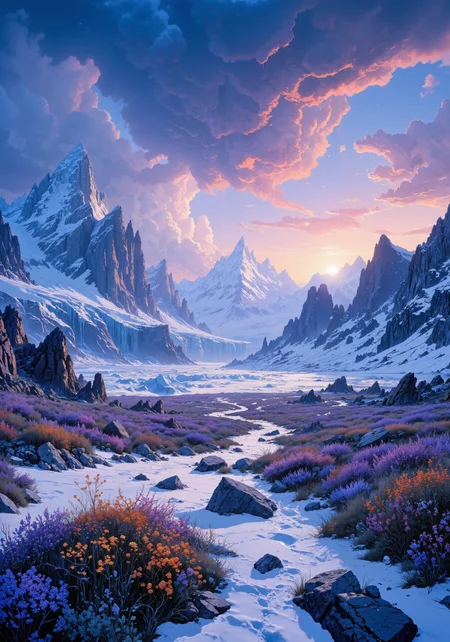 A mesmerizing low-angle view of icy tundra under a vast twilight sky. Intricate frost patterns, glistening ice formations, gentle wildflower clusters across a rugged pristine valley. Dazzling ambient light, deep spatial composition, subtle color gradients blending cool blues and warm amber hues. Exquisite textures in glacial boulders, delicate dewdrops on alpine petals, crystalline contrasts. Sweeping aerial perspective capturing expansive natural serenity, hyper-detailed 8k masterpiece quality, ultra-realistic environmental layers, vibrant natural palette, dynamic tracking depth, atmospheric twilight brilliance. <lora:Rainbow_on_black_style-000003:0.7> <lora:sxz-Dark-Fantasy-v2-Flux:0.7> <lora:ck-shadow-circuit-000021:0.6> <lora:artilands:0.8> <lora:flux_dev:1>