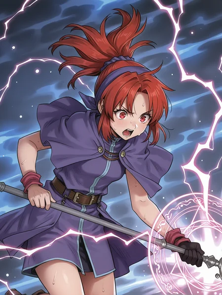 masterpiece,best quality,newest,
solo,1girl,
<lora:chris_ilxl_v1.1:1>,chris,red hair,red eyes,c_clothes,single glove,holding wand,
<lora:Fixhands_anime_bdsqlsz_V1:1>,move,motion blurry,motion lines,dynamic,speed,battle,serious,magic,magical,wizard,sparkling sweat,floating hair,sweating profusely,screaming,sweat,heavy_breathing,staff engulfed in lightning,thunderbolt javelin,magic circle,light particles,charged atmosphere,