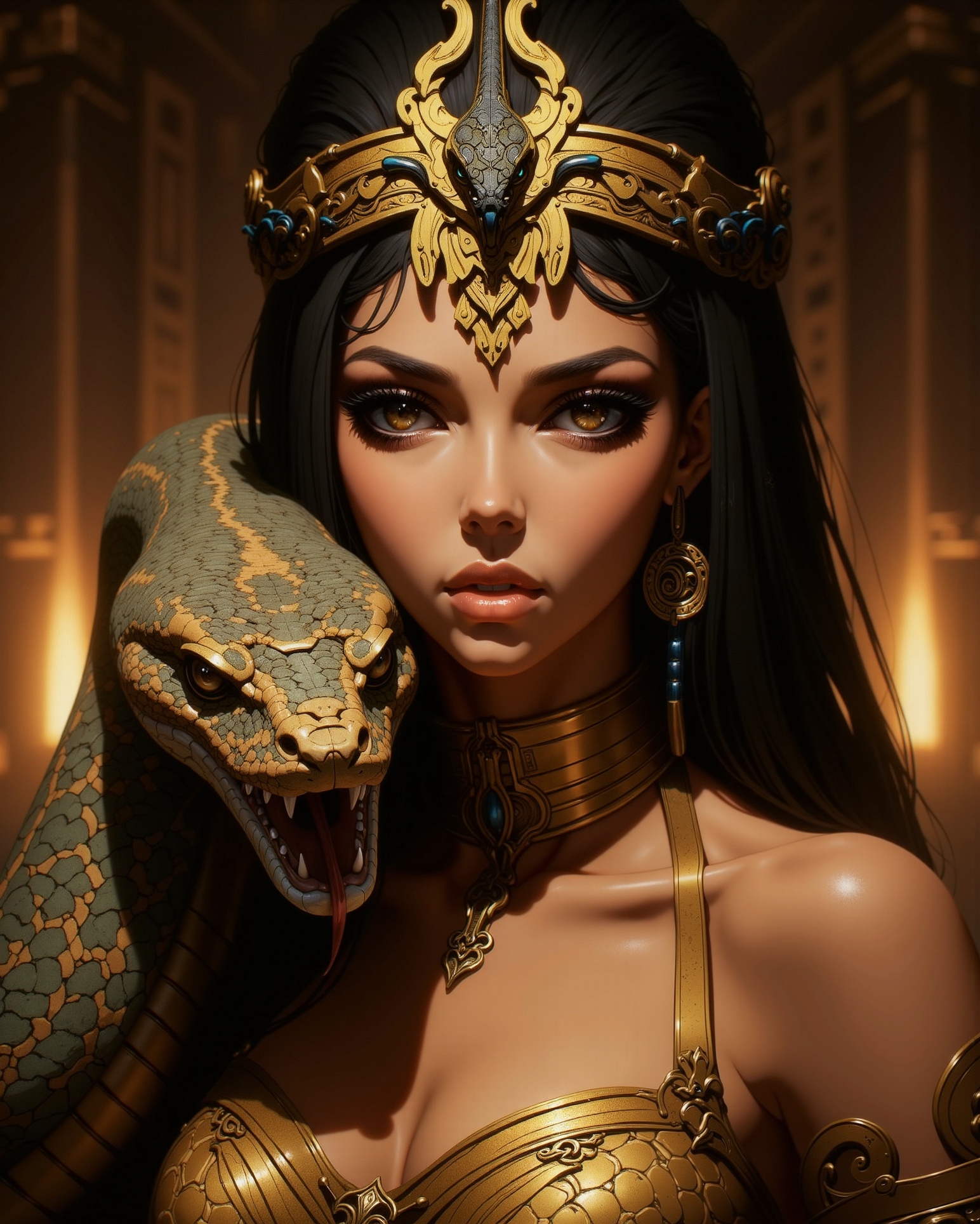 digital art, portraying a beautiful woman of legendary power and royal blood, inspired by the mystique of Cleopatra, radiating seduction and command. Her features are hypnotic—symmetrical and serene, yet laced with intensity. Her obsidian-lined eyes smolder with ancient authority, her lips slightly parted in a whisper of provocation or decree. She wears the golden nemes crown, its folds gleaming under ambient temple light, with the sacred uraeus cobra centered at her brow like a living symbol of divine right. Her skin, bronzed and smooth, is adorned with fine gold filigree and ceremonial cosmetics—both armor and seduction.
Coiled around her shoulders and arms is a massive python, its gleaming scales catching the firelight—tones of deep gold, earth green, and shadowed brown. The serpent’s head rests near her cheek, mouth slightly open, tongue flicking out, fangs visible. Its fierce eyes lock forward—predatory, divine—mirroring the queen's power. There is no fear between them, only shared sovereignty.
Focus on the regal intimacy between queen and beast—exotic beauty entwined with cold-blooded ferocity. The portrait should highlight rich golden textures, the interplay of smooth skin and serpent scale, and the unshakable gaze of both woman and creature. Her beauty is magnetic, dangerous, and timeless—crafted to enthrall kings and summon gods.