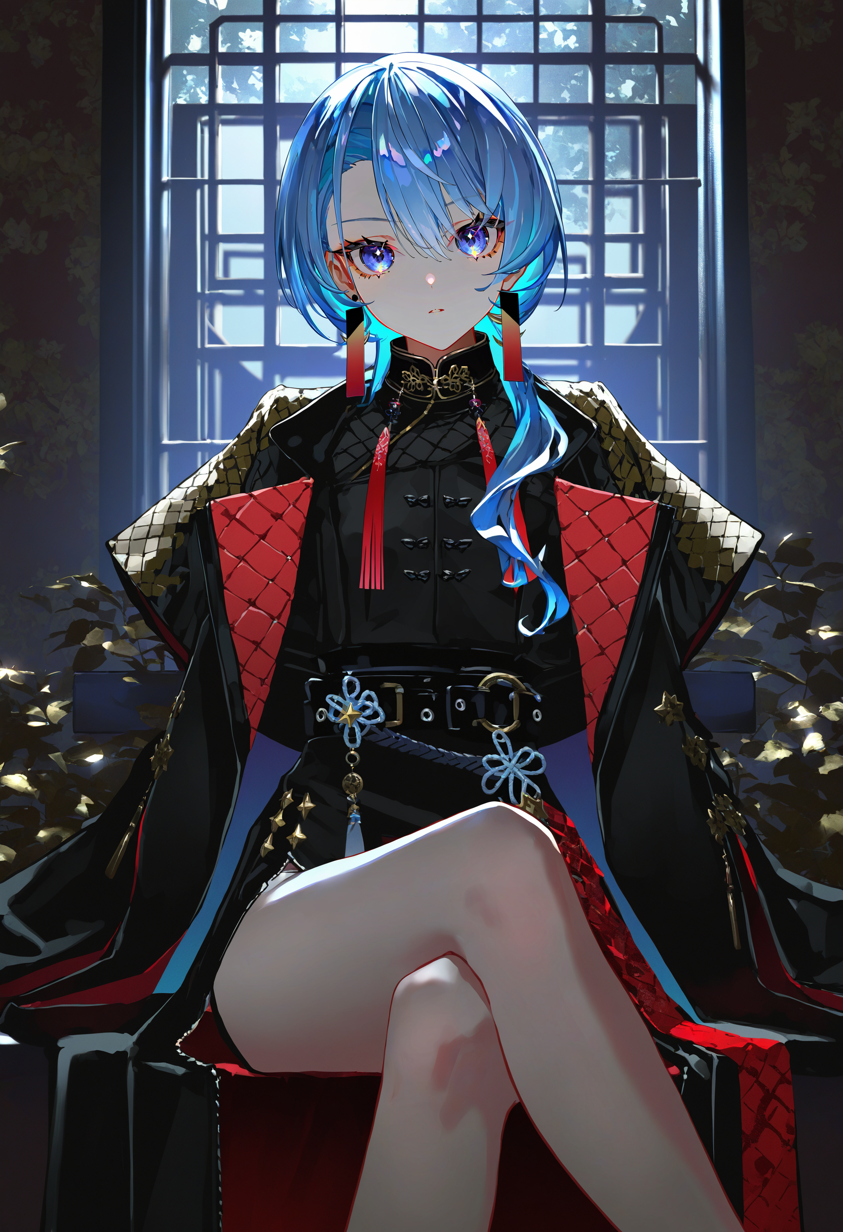 artist:[diyokama|say hana|yoneyama mai|lam \(ramdayo\)],
hoshimachi suisei, hoshimachi suisei \(oriental suit\), 1girl, blue eyes, crossed legs, looking at viewer, jewelry, symbol in eye, black belt, black jacket, black dress, star \(symbol\), open clothes, multicolored hair, indoors, window shade, dark, high contrast,
masterpiece, best quality, very awa, absurdres
 <lora:noobai_vpred_1_masterpieces_v1:1>