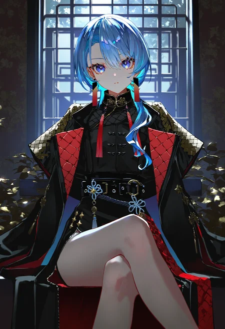 artist:[diyokama|say hana|yoneyama mai|lam \(ramdayo\)],
hoshimachi suisei, hoshimachi suisei \(oriental suit\), 1girl, blue eyes, crossed legs, looking at viewer, jewelry, symbol in eye, black belt, black jacket, black dress, star \(symbol\), open clothes, multicolored hair, indoors, window shade, dark, high contrast,
masterpiece, best quality, very awa, absurdres
 <lora:noobai_vpred_1_masterpieces_v1:1>