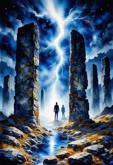 positiv Clip L: Studio Ghibli Dark Fairytale, DarkAtmosCE style, a vibrant, highly detailed digital watercolor painting,    Art in the style of dark watercolor and ink. A surreal, moonlit scene of an ancient stone circle engulfed by a storm. The towering monoliths are cracked and overgrown with bioluminescent fungi, their surfaces carved with cryptic symbols that emit a ghostly silver glow. Above, a tempestuous sky swirls with inky black clouds, pierced by jagged bolts of lightning in electric blue. The ground is a tangled mess of dead roots and withered vines, shimmering faintly under the moonlight as if coated in frost. At the center of the circle, a pool of black water reflects the chaos above, its surface disturbed by phantom ripples from unseen forces. Wisps of spectral light â pale blue and sulfurous yellow â drift between the stones like lost souls, merging with the stormâs fury. The style blends bleeding watercolor washes (for the storm and mist) with sharp, intricate inkwork (for the textures of stone and lightning). The palette is dominated by midnight blues, ash grays, and venomous neon accents, creating a haunting balance between serenity and sinister energy. No living beings â only the raw, untamed magic of a forgotten ritual frozen in time positiv Clip G: Studio Ghibli Dark Fairytale, DarkAtmosCE style, a vibrant, highly detailed digital watercolor painting,    Art in the style of dark watercolor and ink. A surreal, moonlit scene of an ancient stone circle engulfed by a storm. The towering monoliths are cracked and overgrown with bioluminescent fungi, their surfaces carved with cryptic symbols that emit a ghostly silver glow. Above, a tempestuous sky swirls with inky black clouds, pierced by jagged bolts of lightning in electric blue. The ground is a tangled mess of dead roots and withered vines, shimmering faintly under the moonlight as if coated in frost. At the center of the circle, a pool of black water reflects the chaos above, its surface disturbed by phantom ripples from unseen forces. Wisps of spectral light â pale blue and sulfurous yellow â drift between the stones like lost souls, merging with the stormâs fury. The style blends bleeding watercolor washes (for the storm and mist) with sharp, intricate inkwork (for the textures of stone and lightning). The palette is dominated by midnight blues, ash grays, and venomous neon accents, creating a haunting balance between serenity and sinister energy. No living beings â only the raw, untamed magic of a forgotten ritual frozen in time