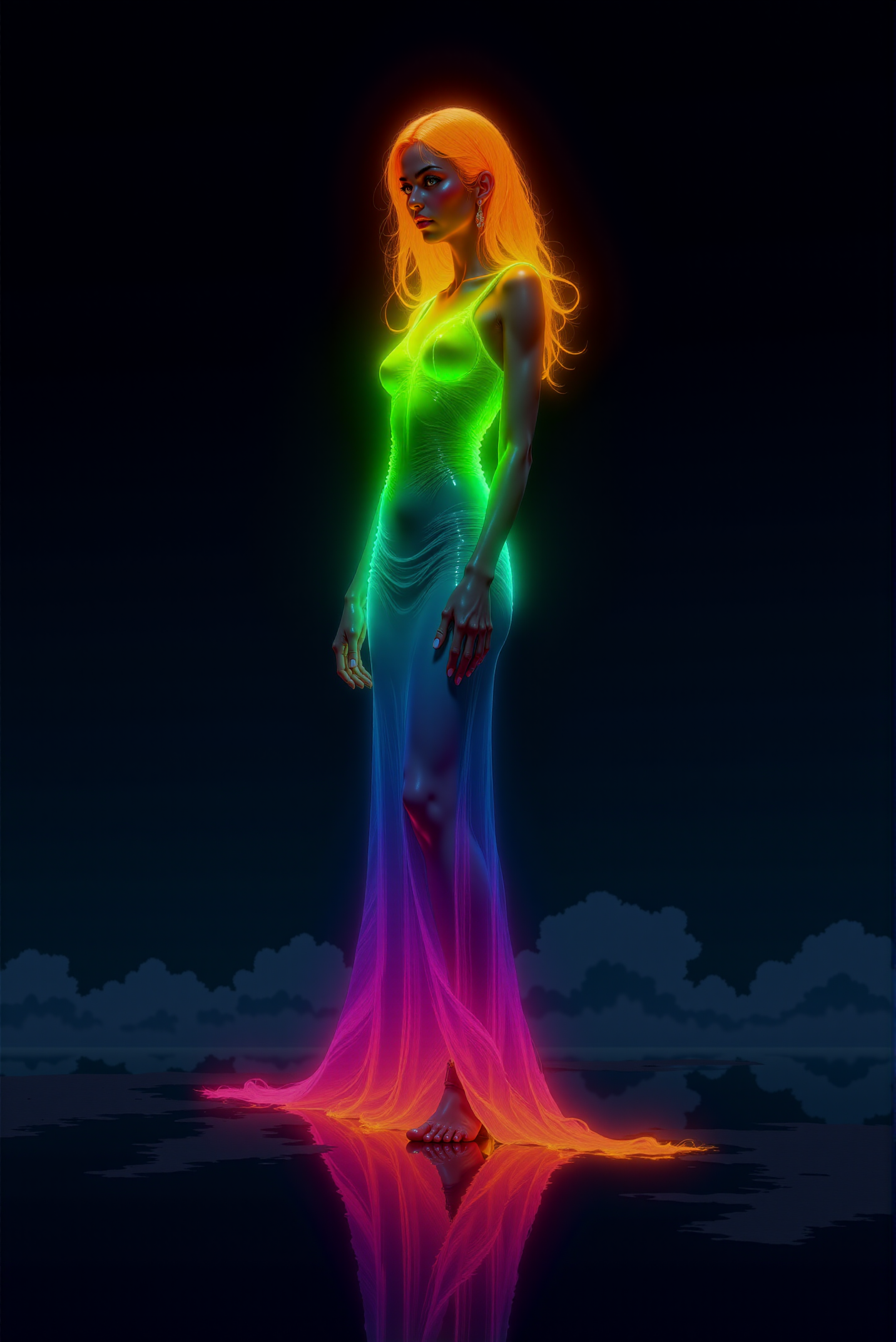 A digital painting featuring a semi-realistic beautiful shapely young Italian female character standing close gracefully in aesthetic pose, her glowing long hair flowing in soft waves as if moved by a gentle breeze. She wears a long sleek flowing dress that appears to glow brightly in shades of flashy orange at the top and hair, day-glo salad-green in the middle and glowing indigo bottom of the hem, creating a vibrant gradient of luminous colors against the very dark gradient background. Very dim lighting, dark environment. The woman stands barefoot, her reflection is clearly visible on the perfectly clean reflective surface below her, which glows faintly the colors of her dress. Her body posture is confident and elegant. The overall neon lighting effect and the soft yet vibrant color transitions create a futuristic and dreamlike atmosphere., dynamic, dramatic, vibrant colors.   <lora:DGLO_style_v.6:0.8>