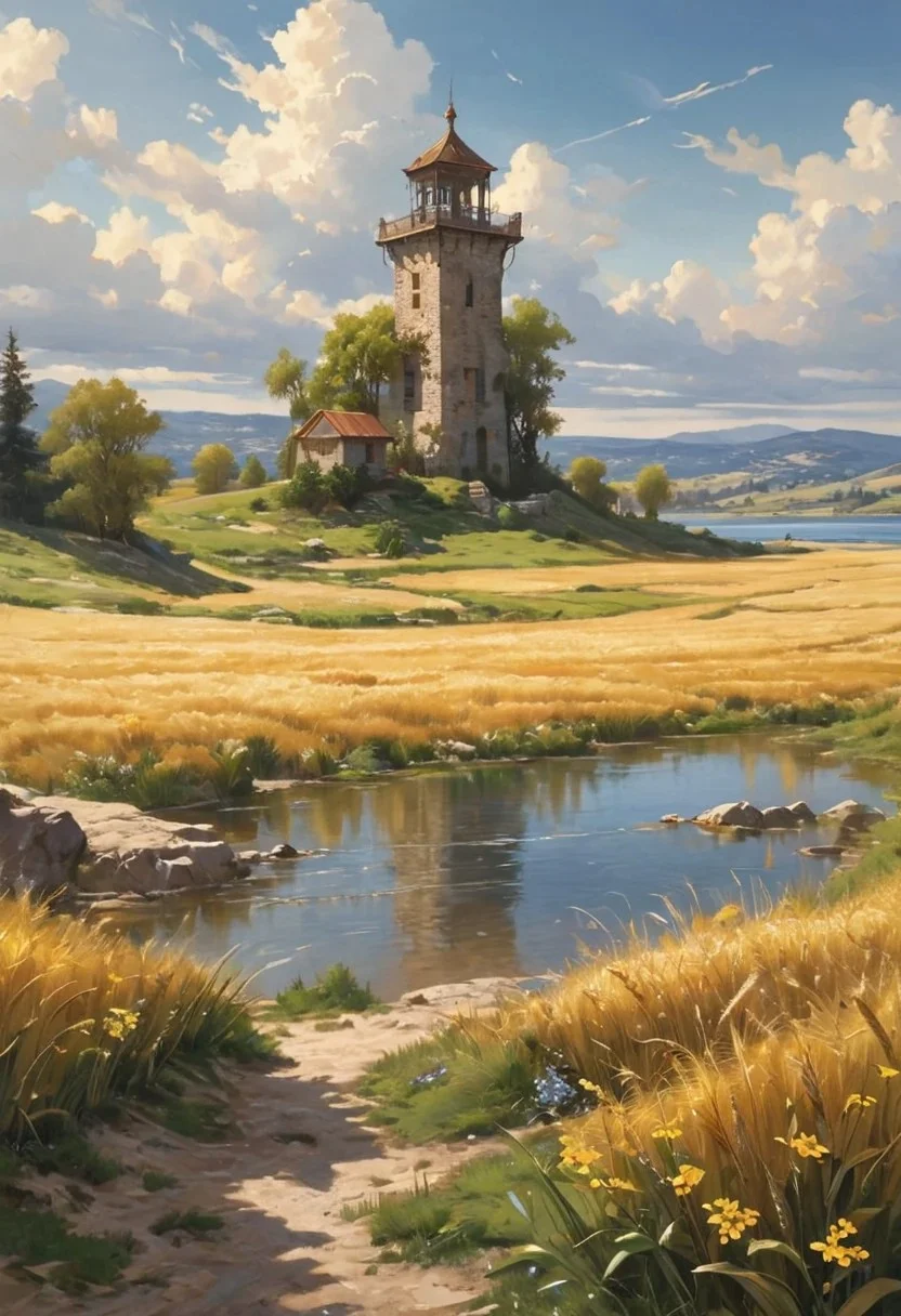 realistic spring landscape, golden landscape,Wheat, Wheat field, golden shower, yellow  grass, a lake, water, rocks, grass, wild flower, spring flower, wind, day light, a watch tower, countryside landscape, realistic sky, blue sky, bright blue sky, cloud, a beautiful day, sun light, god ray, beaus of nature, beautiful oil matte painting, romantic, beautiful digital painting, anime landscape, romantic painting, dreamlike digital painting, colorful painting, beautiful gorgeous digital art, style of greg rutkowski, janek sedlar,jenny saville:1,2] <lora:vivid_everclear:0.6>  <lora:Sinozick:0.65>