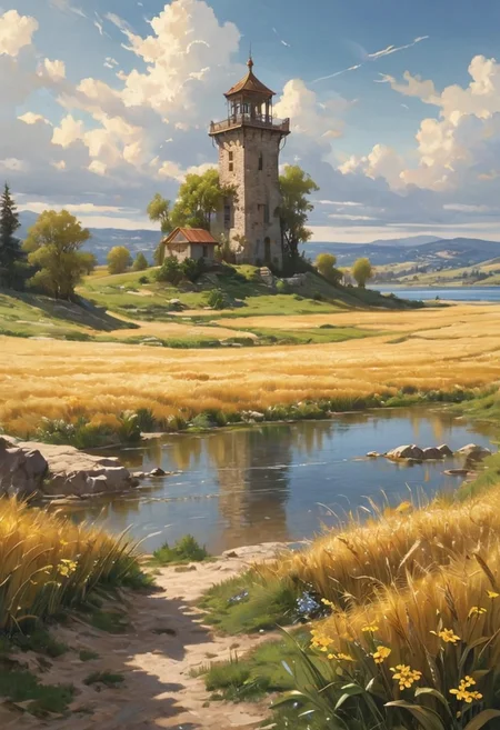 realistic spring landscape, golden landscape,Wheat, Wheat field, golden shower, yellow  grass, a lake, water, rocks, grass, wild flower, spring flower, wind, day light, a watch tower, countryside landscape, realistic sky, blue sky, bright blue sky, cloud, a beautiful day, sun light, god ray, beaus of nature, beautiful oil matte painting, romantic, beautiful digital painting, anime landscape, romantic painting, dreamlike digital painting, colorful painting, beautiful gorgeous digital art, style of greg rutkowski, janek sedlar,jenny saville:1,2] <lora:vivid_everclear:0.6>  <lora:Sinozick:0.65>