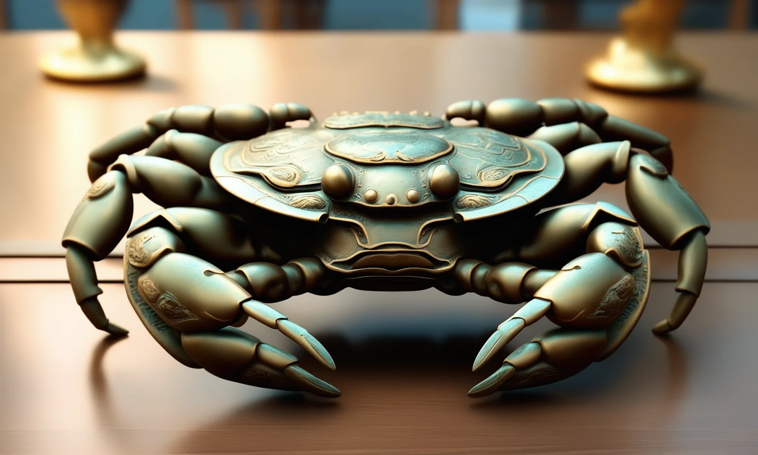<lora:bronzecd_xl-000006:0.8>,a statue of a crab made of bronze in office scene,full body,bronzecd_xl,indoors,chinese zodiac,wooden table,cutie,cute,still life,animal statue,front view,facing viewer,looking at viewer,fine art,(Unbelievable Digital Artwork:1.3),CGSociety,ArtStation,master works, emotional, harmonious, high budget, moody, epic, gorgeous, perfect lighting, realistic, photorealistic, photographic, photo (medium),real, moody lighting, volumetric lighting, reality ray tracing, 8K, HDR, UHD, masterpiece, best quality, highly detailed, high resolution, finely detail, extremely detailed, ultra detailed, wallpaper