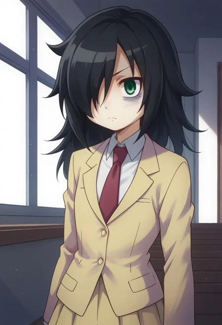 score_9, score_8_up, score_7_up, source_anime, highly detailed,
tomoko, 1girl, solo, black hair, school uniform, bags under eyes, hair over one eye, necktie, green eyes, skirt, long hair, upper body, blazer, jacket,
indoor,