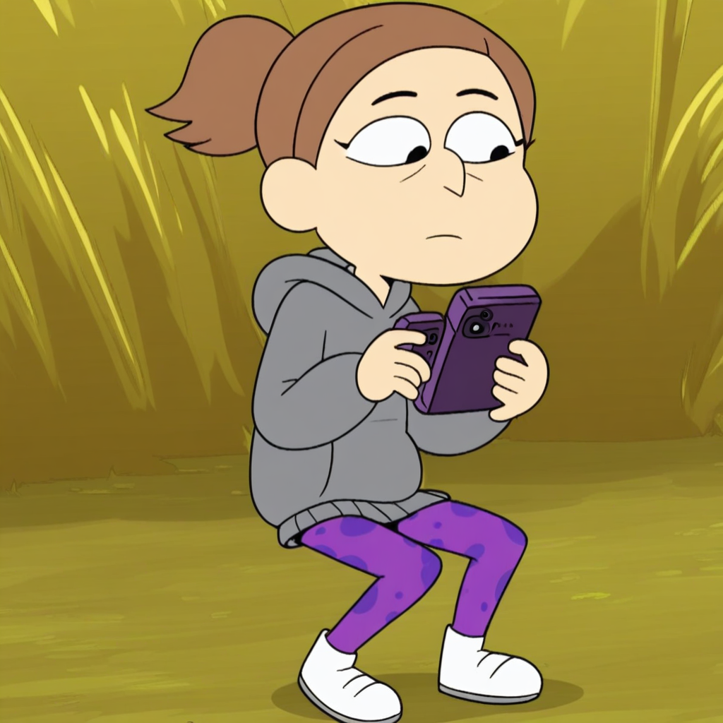 1 girl, standing, large black eyes, with a cell phone in hand, sitting on the floor, low ponytail, gray hoodie, in a forest, white skin, Score_9, white shoes, , full body, purple leggings with darker spots, Light brown hair