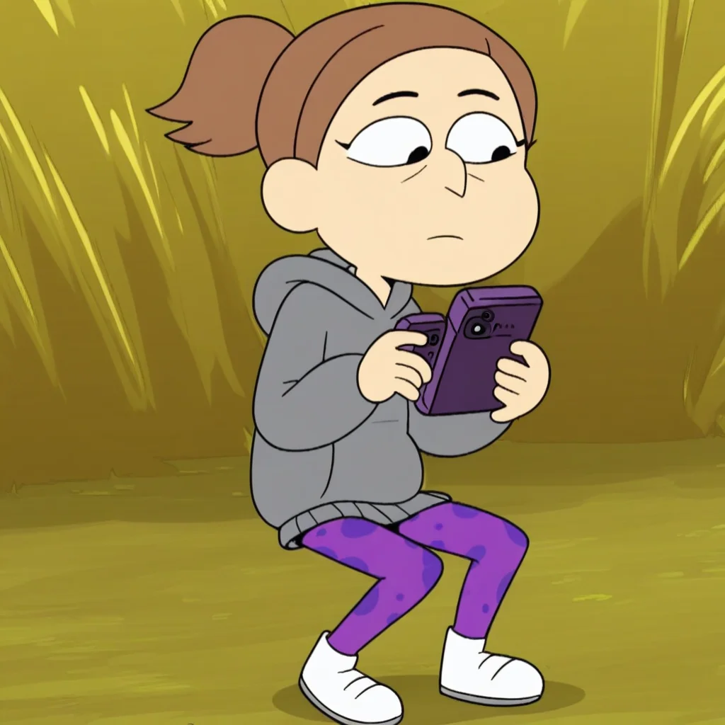 1 girl, standing, large black eyes, with a cell phone in hand, sitting on the floor, low ponytail, gray hoodie, in a forest, white skin, Score_9, white shoes, , full body, purple leggings with darker spots, Light brown hair