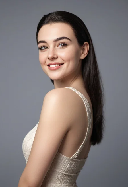 30yo american woman in a photostudio
Modeling High cut, high Quality Dress.
Slight makeup, heavy rimmel. Clear skin.  realistic skin style
Long dark black slick back hair. 
Shooting light, indors, cable light
Studio background.
Winking left eye. Smiling.
Bokeh. Heavy Bokeh light.