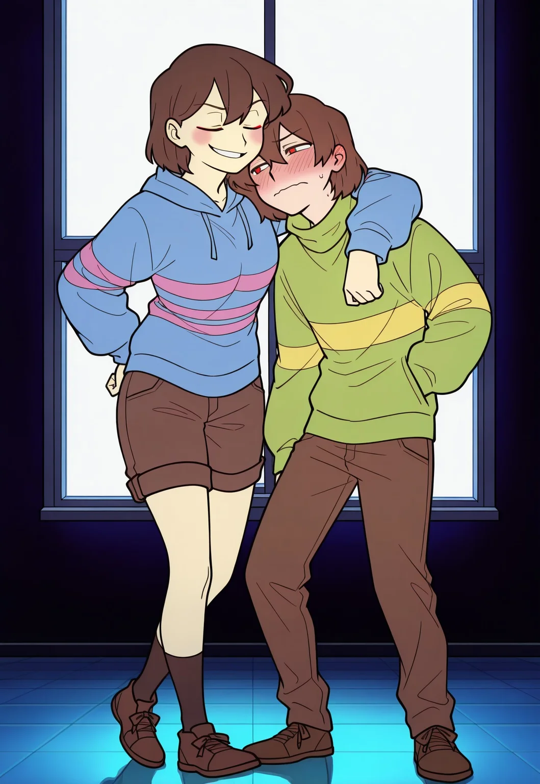 1girl, 1boy, duo, dynamic duo, full body, front view, aged up, adults, detailed clothing, dramatic lighting, cinematic shading, high detail, sharp focus, expressive pose, dynamic composition,
(character 1: frisk_undertale, female, aged up, short brown hair, medium breasts, closed eyes, blushing, embarrassed, purple shirt, striped shirt, pink stripes, brown short shorts)
(character 2: chara_undertale, male, aged up, short brown hair, red eyes, green hoodie, striped hoodie, yellow stripe, brown pants, smug expression, smirk, arm over shoulder)
high resolution, symmetrical composition, clean lineart, emotionally expressive, arrusa