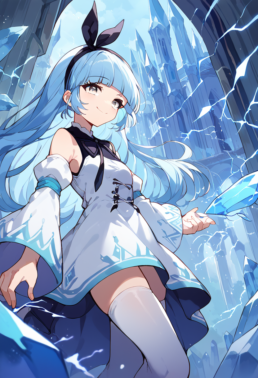 score_9,score_8_up,score_7_up,source_anime,zPDXL3,fantasy,castle,architecture,upper body,blue sky,
*//*,<lora:ArchMageIL_Pony:1>,archmage_il,1girl,solo,blue hair,long hair,blunt bangs,grey eyes,detached sleeves,white sleeves,white thighhighs,white dress,long sleeves,wide sleeves,bare shoulders,black ribbon,black hairband,black bow,crystal,floating object,lightning,electricity,electrokinesis,light smile,
*//*,looking at viewer,cowboy shot,dutch angle,shielding with hands.