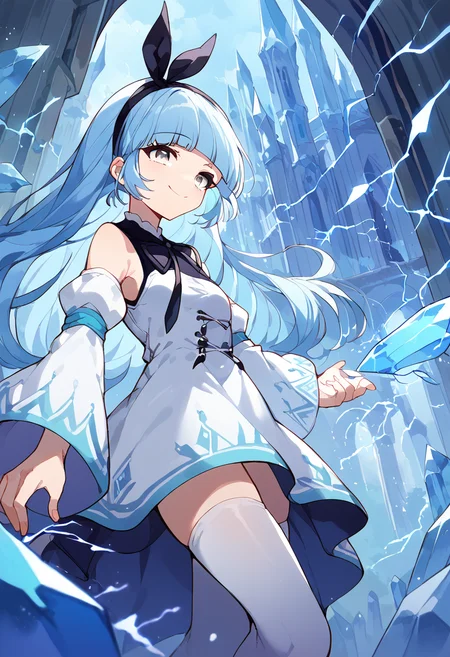 score_9,score_8_up,score_7_up,source_anime,zPDXL3,fantasy,castle,architecture,upper body,blue sky,
*//*,<lora:ArchMageIL_Pony:1>,archmage_il,1girl,solo,blue hair,long hair,blunt bangs,grey eyes,detached sleeves,white sleeves,white thighhighs,white dress,long sleeves,wide sleeves,bare shoulders,black ribbon,black hairband,black bow,crystal,floating object,lightning,electricity,electrokinesis,light smile,
*//*,looking at viewer,cowboy shot,dutch angle,shielding with hands.