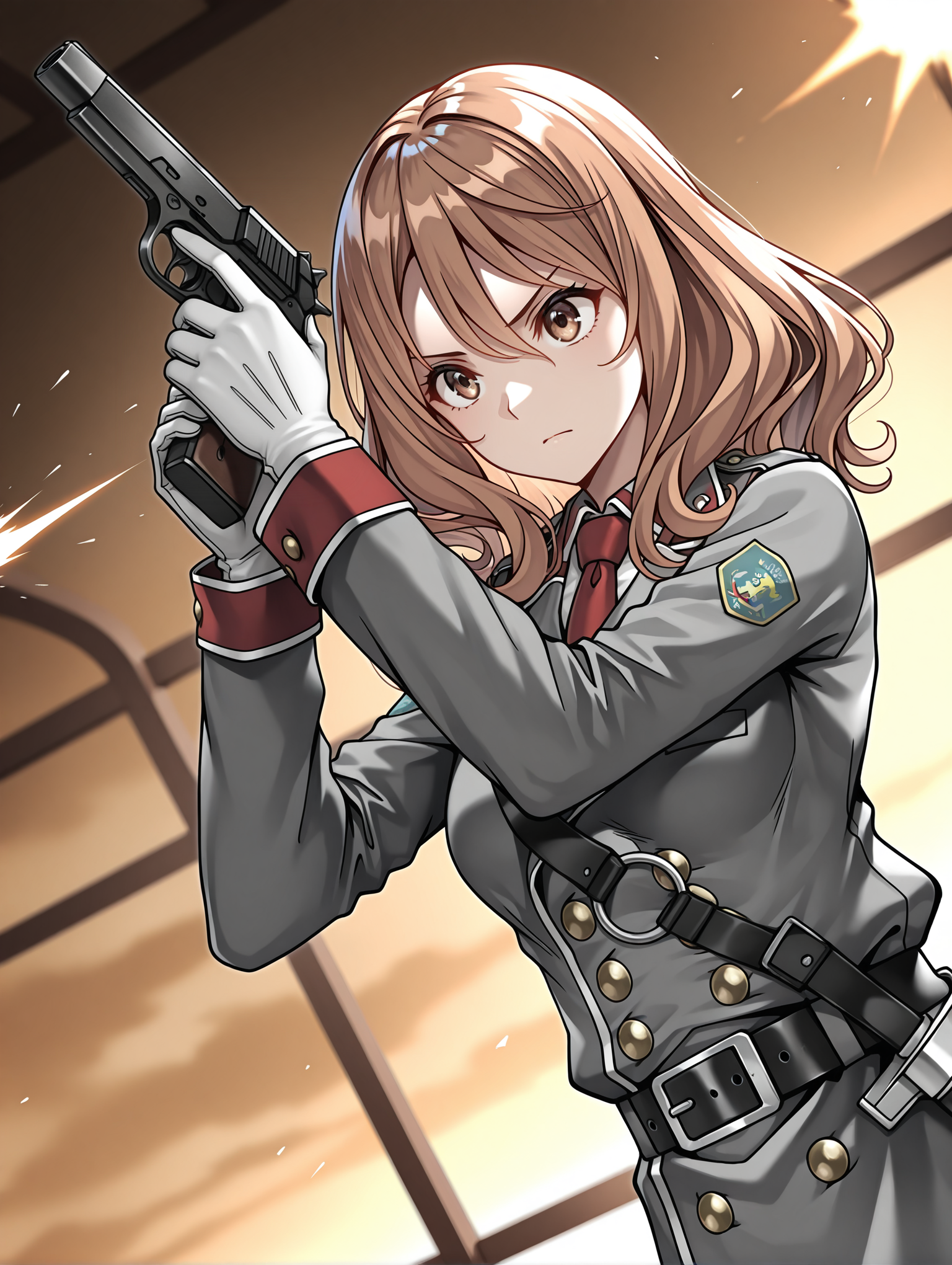 masterpiece,best quality,newest,
1girl,solo,
<lora:rail_clave_ilxl_v1.2:1>,rail_clave,brown hair,brown eyes,r_uniform,red necktie,ä¸ï·¿åå¸,military uniform,white gloves,belt,<lora:Fixhands_anime_bdsqlsz_V1:1>,(handgun:1.2),holding_gun,dynamic_angle,cinematic_angle,serious,fighting_stance,fighting,firing,running,upper_body,