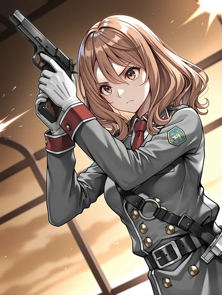 masterpiece,best quality,newest,
1girl,solo,
<lora:rail_clave_ilxl_v1.2:1>,rail_clave,brown hair,brown eyes,r_uniform,red necktie,ä¸ï·¿åå¸,military uniform,white gloves,belt,<lora:Fixhands_anime_bdsqlsz_V1:1>,(handgun:1.2),holding_gun,dynamic_angle,cinematic_angle,serious,fighting_stance,fighting,firing,running,upper_body,