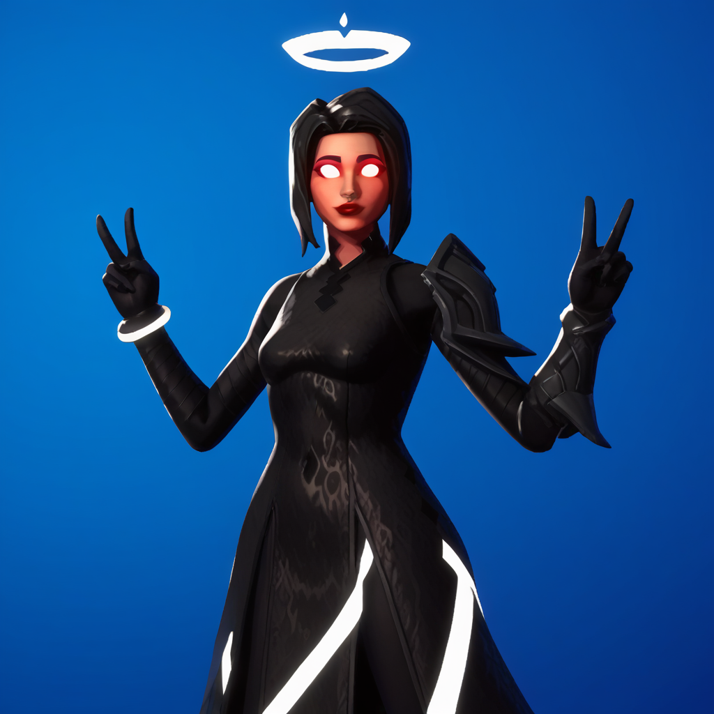 Ugly score_9_up, score_8_up, score_7_up, BREAK, ark_Shadow, 1girl, solo, black hair, short hair, no pupils, glowing eyes, red lipstick, glowing halo, white halo, black dress, gauntlet, black leggings, double v, cowboy shot, <lora:Ark_Fortnite_PXL_Leaf1-000010:1>, gradient background, blue background,