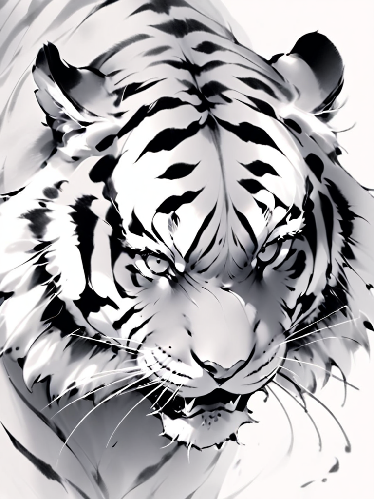 masterpiece),(highest quality),highres,(an extremely delicate and beautiful),(extremely detailed),  <lora:shuimodongwu_xl:1>ï¼ (\shui mo\), monochrome, no humans, tiger, greyscale, whiskers, animal focus, animal, solo, fangs, looking at viewer, white background
