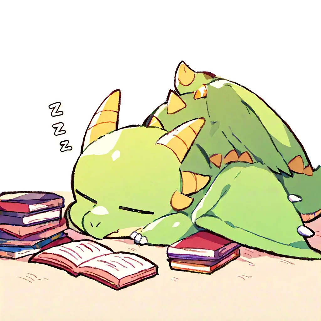 (dragon:1.2), (cute:1.2) no-human, solo, green  dragon, cute, horns, wings, slipping over a pile of books, laying down, eyes closed, relaxed, zzz, very awa,masterpiece, best quality, very aesthetic, absurdres, newest, j_cartoon,
<lora:TA_trained:0.75>, chibi, <lora:ponyv4_noob1_2_adamW-000017:0.5>, <lora:shiroski:0.75>,
