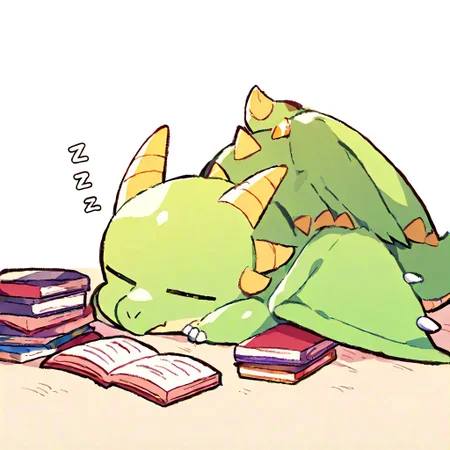(dragon:1.2), (cute:1.2) no-human, solo, green  dragon, cute, horns, wings, slipping over a pile of books, laying down, eyes closed, relaxed, zzz, very awa,masterpiece, best quality, very aesthetic, absurdres, newest, j_cartoon,
<lora:TA_trained:0.75>, chibi, <lora:ponyv4_noob1_2_adamW-000017:0.5>, <lora:shiroski:0.75>,