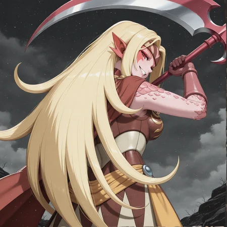 masterpiece, best quality, ultra-detailed, high resolution, absurdres BREAK  MenardiGS, 1girl, dragon girl, blond hair, armored dress, solo, long hair, blonde hair, scales, pink skin, facial mark, cape, armor, pointy ears, yellow sash, headband, pink gloves, holding scythe, looking at viewer, sadistic  grin, upper body, breasts, from behind, butt  <lora:Menardi_Golden_Sun:1>  <lora:NOOB_vp1_detailer_by_volnovik_v1:1>