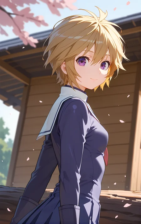 (score_9, score_8_up, score_7_up), looking at viewer, light smile, closed mouth, shiny skin, tight clothes,
ohwx, 1girl, solo, solo_focus, small_breasts, short_hair, purple_eyes, blonde_hair,
white_thighhighs, thighhighs, school_uniform, skirt, boots, zettai_ryouiki,
blurry background, from side, cowboy shot, dutch angle, log cabin, cherry blossoms,
<lora:kuno_pony_ss-000002:1>