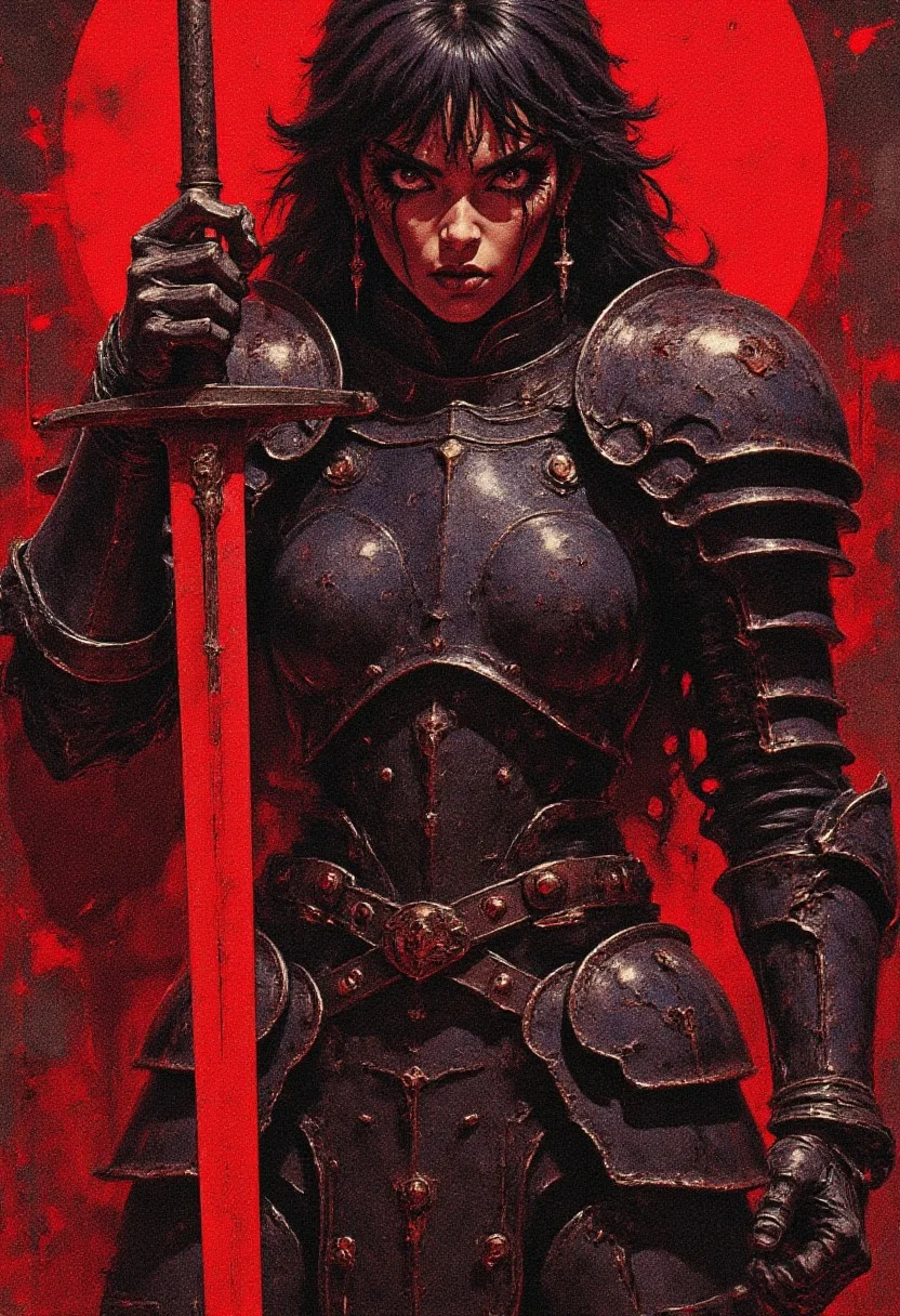 stunning female hellknight, spiky armour, no helmet, glowing eyes, dark hair, bangs, dark eyeshadow, thin red lips, holding huge sword glowing red, dynamic pose