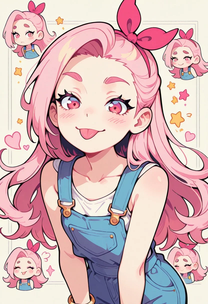 1 girl , solo , blushing , tongue out , closed mouth , bratty smile , thick eyebrow , eyelashes , cute , winking , star , sleeveless , bracelet , overalls , ribbon , hair ribbon ,
masterpiece, best quality ,amazing quality ,S4bit4mago_illu , Protoneon ,s0wasow4rt_illu, t1m3r