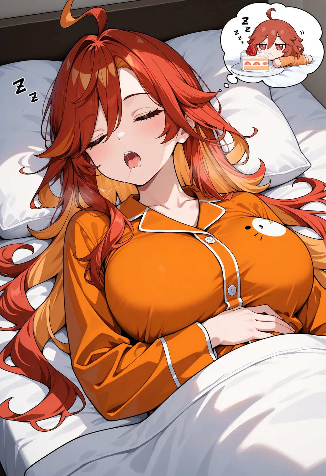 masterpiece, best quality, newest, absurdres, highres, 1girl, mavkRnd, symbol-shaped pupils, large breasts, red hair, long hair, ahoge, <lora:Mavuika_illusXLNoobAI_Incrs_v2-000009:1>,
fumo \(doll\), orange pajamas, lying, on back, sleeping, open mouth, heavy sleeping, zzz, bed, bedroom, hand on own stomach, thought bubble, saliva, saliva trail, hugging object, cake, under covers, eating,