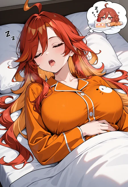 masterpiece, best quality, newest, absurdres, highres, 1girl, mavkRnd, symbol-shaped pupils, large breasts, red hair, long hair, ahoge, <lora:Mavuika_illusXLNoobAI_Incrs_v2-000009:1>,
fumo \(doll\), orange pajamas, lying, on back, sleeping, open mouth, heavy sleeping, zzz, bed, bedroom, hand on own stomach, thought bubble, saliva, saliva trail, hugging object, cake, under covers, eating,