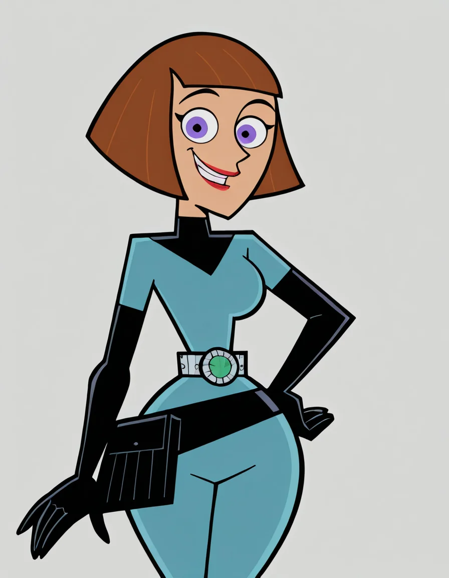 <lora:MaddieFentonIllustrious1.0JLFO:1> maddief, 1girl, lipstick, brown hair, short hair, bodysuit, makeup, purple eyes, solo, gloves, bob cut, smile, belt, looking at viewer, hand on own hip, cowboy shot,, masterpiece, best quality, amazing quality, very aesthetic, absurdres,simple background,