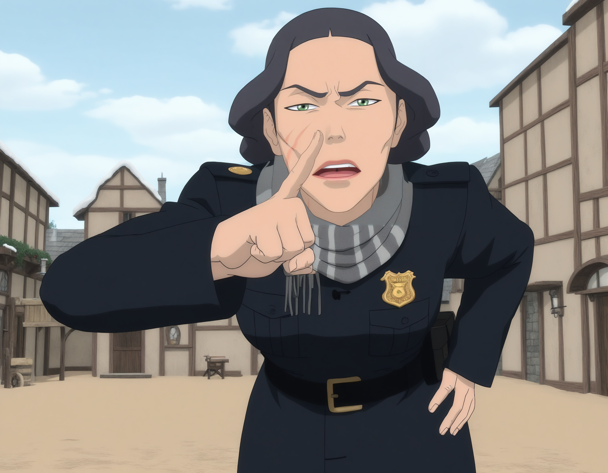 upperbody, <lora:Anaxus-style-pdxl:0.35>, <lora:modern_anime_screencap_v1_0:0.8> anime screencap, (highres, best quality), zPDXL, 1girl, solo, 
<lora:t10kl1nXLREv2:0.8> t10kl1nxlre, 1girl, green eyes, scar, facial mark, looking at viewer, serious, standing, leaning forward, pointing finger, hand on hip, 
mature female, police, winter coat, scarf, boots, 
<lora:Pony_DetailV2.0:0.5>
fargo, minnesota, outdoors, old medieval town, window, winter,