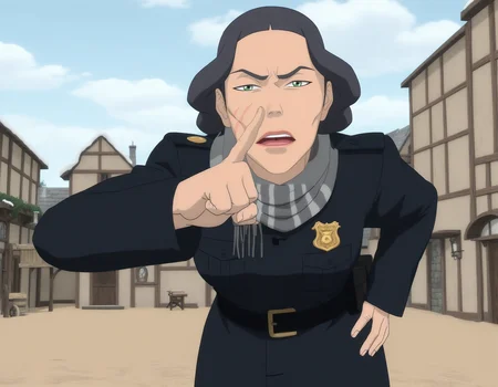 upperbody, <lora:Anaxus-style-pdxl:0.35>, <lora:modern_anime_screencap_v1_0:0.8> anime screencap, (highres, best quality), zPDXL, 1girl, solo, 
<lora:t10kl1nXLREv2:0.8> t10kl1nxlre, 1girl, green eyes, scar, facial mark, looking at viewer, serious, standing, leaning forward, pointing finger, hand on hip, 
mature female, police, winter coat, scarf, boots, 
<lora:Pony_DetailV2.0:0.5>
fargo, minnesota, outdoors, old medieval town, window, winter,