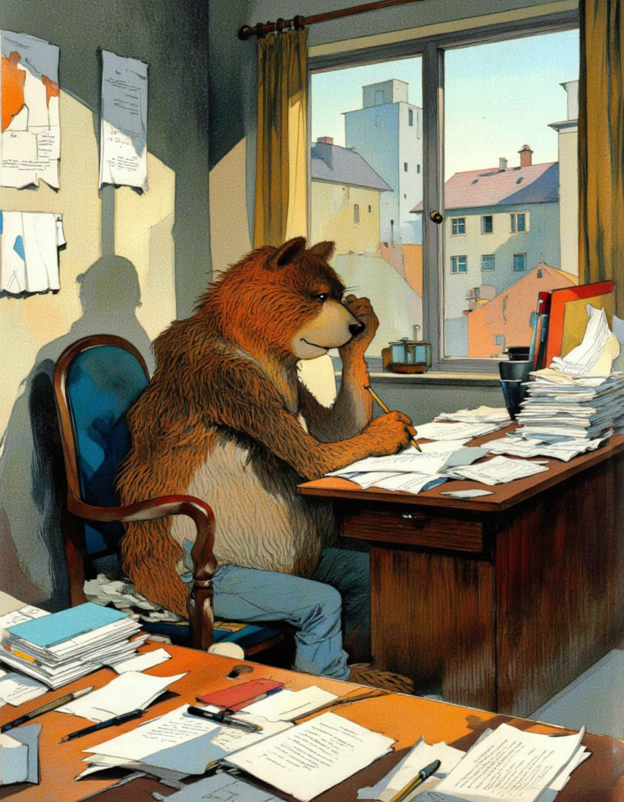 <lora:chzcat:1>, A thoughtful cartoon bear sitting at a desk in a study corner, surrounded by colorful stationery and papers. The bear holds a pencil, looking slightly puzzled but determined, with sunlight streaming through a large window behind them