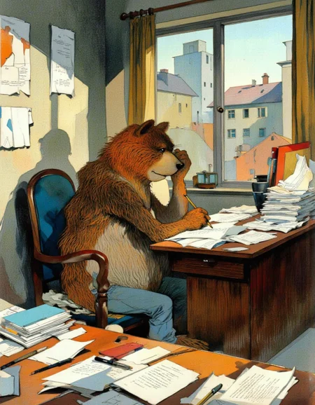 <lora:chzcat:1>, A thoughtful cartoon bear sitting at a desk in a study corner, surrounded by colorful stationery and papers. The bear holds a pencil, looking slightly puzzled but determined, with sunlight streaming through a large window behind them