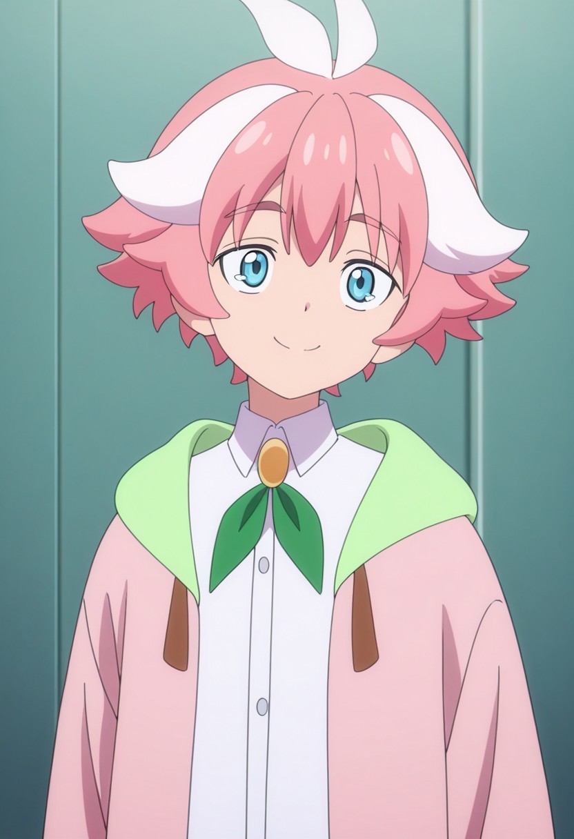 masterpiece,best quality,amazing quality, source_anime,
ItsukiMitsutagawa, 1boy, male focus, solo, blue eyes, multicolored hair, pink hair, white hair, shirt, white shirt, collared shirt, ribbon, neck ribbon, green ribbon, jacket, pink jacket, hood, green hood, open jacket, smile,