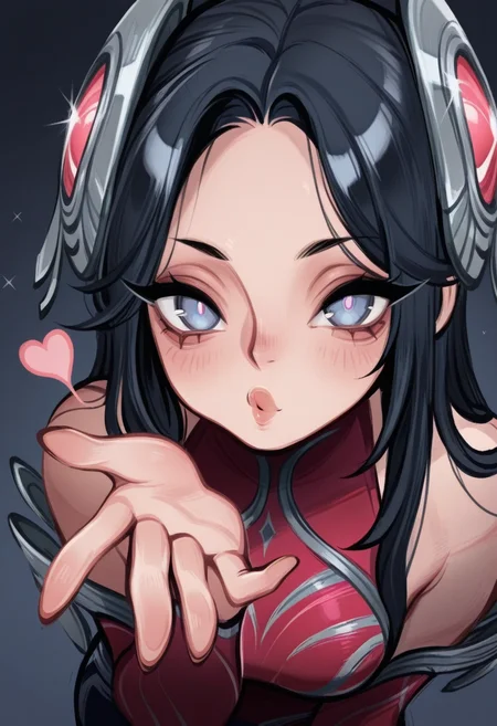 d0p4style, masterpiece, best quality, solo, irelia \(lol\), black hair, headgear, leaning close to viewer, blowing a kiss, puckered lips,