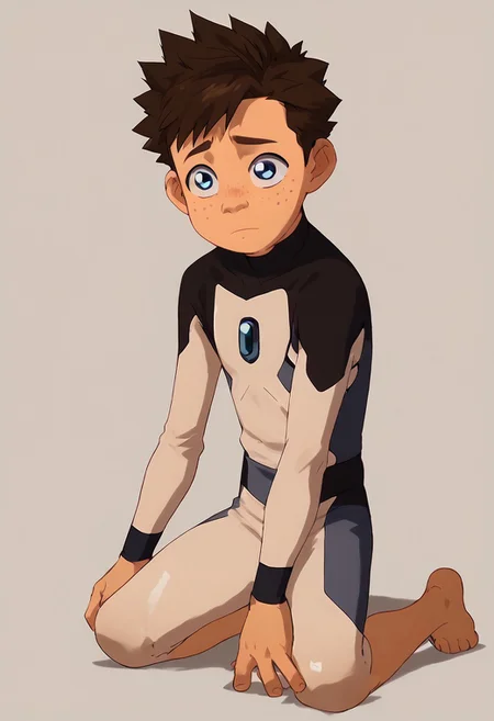 score_9, score_8_up, score_7_up,1boy, solo, cute boy, Koji, Blue Eyes, Brown Hair, Freckles, Bodysuit, Barefoot