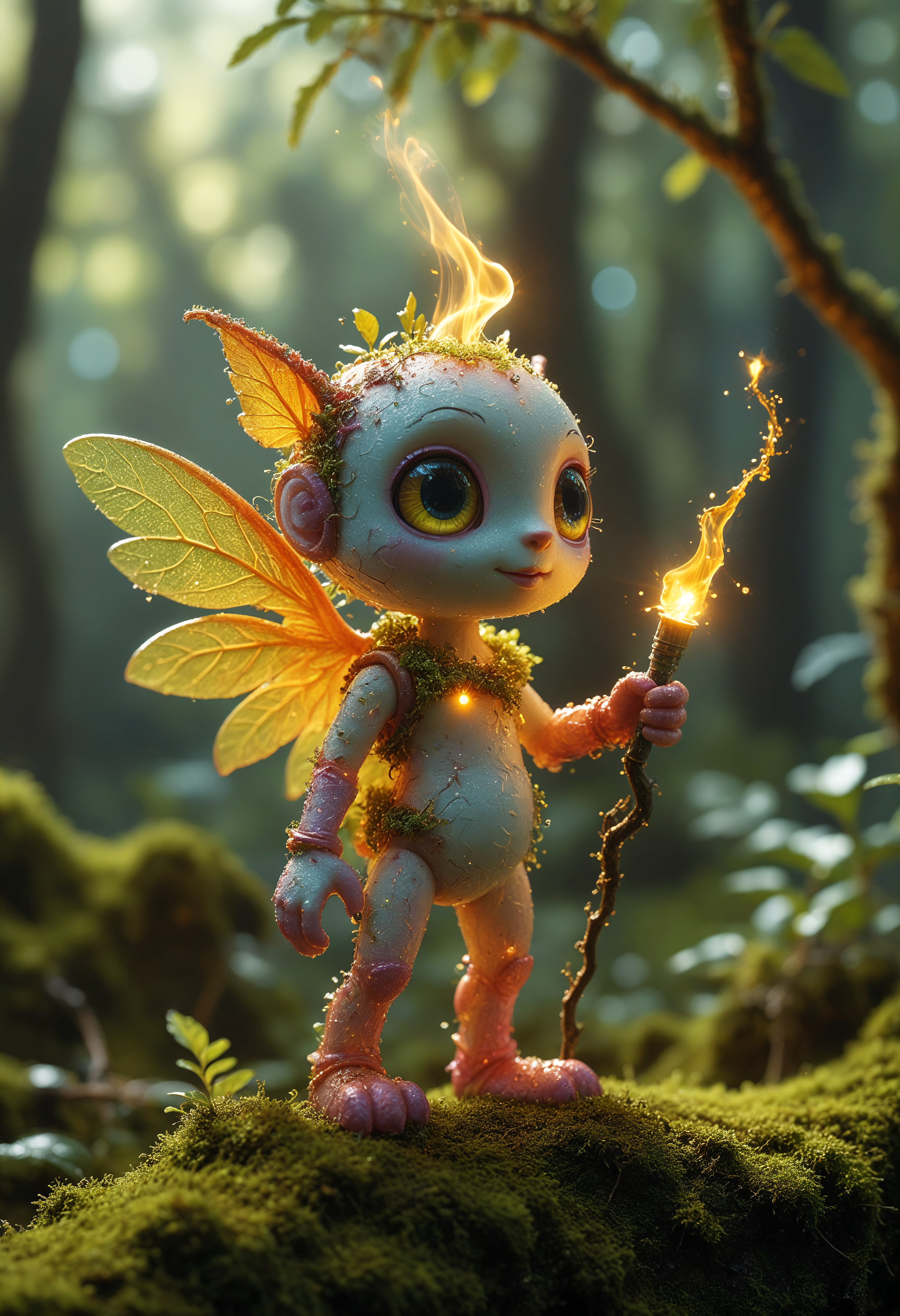 A photo of a tiny plant based humanoid with leafy wings holding an illuminated sap torch standing on a moss covered branch, backlit, translucent glittering skin, glowing eyes, vibrant, macro photography, extreme close-ups, intricate details, unseen worlds, capturing texture, emphasizing details, revealing beauty in small things, professional lighting, precise focusing, artistic expression, immersive experience, expert technique Lisa Frank, trending on Artstation, award-winning photo, masterpiece<lora:add-detail-xl:1> <lora:MJ52:0.5> <lora:sss:0.5>