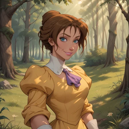 score_9, score_8, BREAK, solo, Jane Porter, 1girl, brown hair, blue eyes, short hair, single hair bun, yellow victorian style dress, puffy sleeves, white gloves, purple cravat, makeup, pink lips, sexy pose, self portrait, smile, outdoors, sunlight, shadows, evening lighting, natural lighting, forest, trees, grass, orange sky, sunset