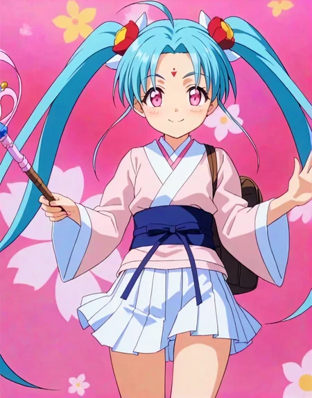 anime, best quality, (masterpiece:1.4), (high quality:1.4), sharp focus, 4k, absurd resolution, detailed hands, score_9, score_8_up, score_7_up, score_6_up, source_anime, anime, best quality, (masterpiece:1.4), (high quality:1.4), sharp focus, 4k, absurd resolution, highly detailed, highres, extremely detailed, short girl, <lora:sasami.pony:0.8> sasami, sasami magic, sasami true
source anime, smile, looking at viewer, wand, school uniform, weapon, twintails, aqua hair, facial mark, flower, forehead mark, freckle, hair flower, hair ornament, long hair, long sleeves, miniskirt, pink eyes, white skirt, pink obi,