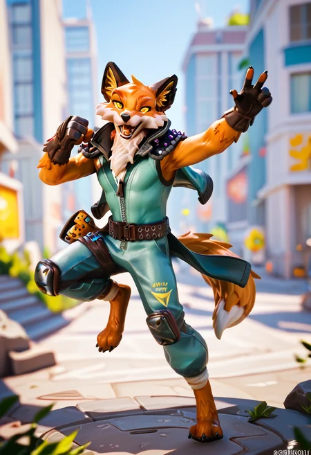 score_9, score_8_up, score_7_up, best quality, highres, 1boy, fennix, fortnite, anthro, furry, city, happy, full body, action pose, detailed background, looking at viewer, <lora:Fennix_Fortnite:1>