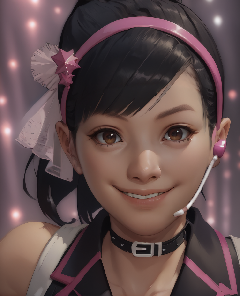 score_9,score_8_up,score_7_up,
harukaidol,brown eyes, black hair, ponytail, 
black vest,black short shorts,belt,black wrist cuffs,hairband,headset,
standing,upper body,smile,
on-stage,
<lora:harukaIdol:1>,